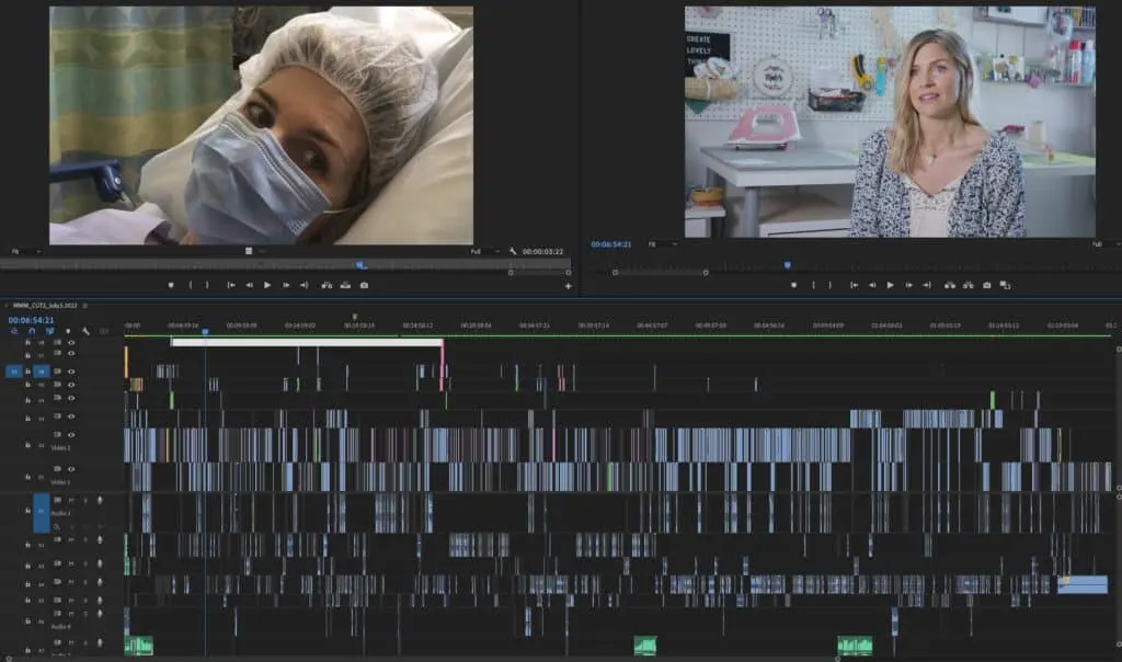 A screen shot of Adobe Premiere Pro editing a documentary about Melanie Ham