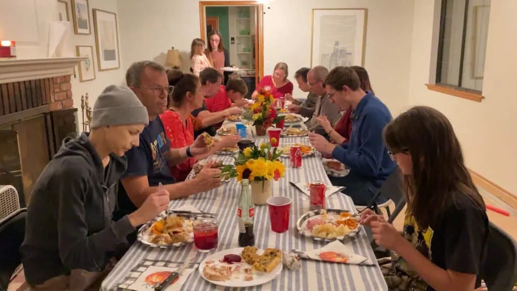 Melanie Ham eating Thanksgiving dinner with her extended family at her home in November, 2021