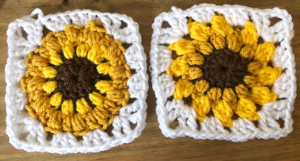 Alternating yarn colors in a sunflower granny square tutorial demo